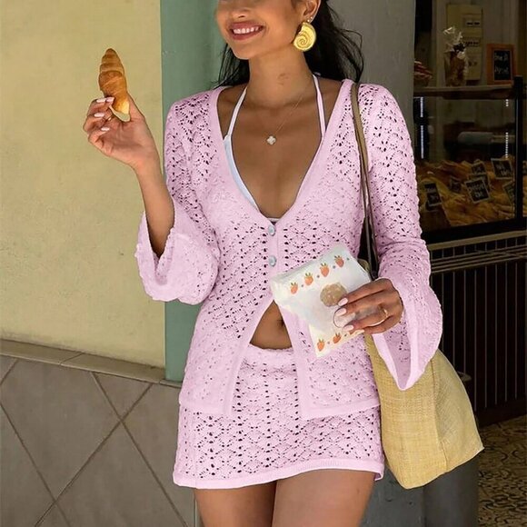 Pink Sexy Women's Knitted Two Pieces knit top and skirt Outfit - Picture 4 of 7